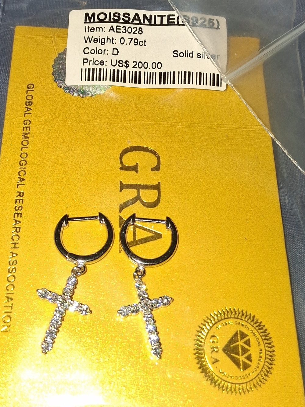 Silver Hoop Earrings with Cross Pendant - White Moissanite Accent